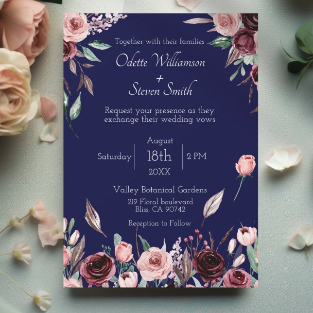 Country Burgundy Blush and Navy Romantic Wedding Invitation (A navy blue wedding invitation with blush pink and burgundy watercolor flowers and script text)