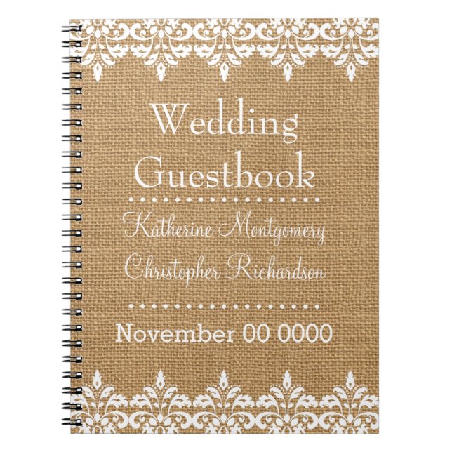 Country Burlap and white damask lace Wedding Spiral Notebook (Front)