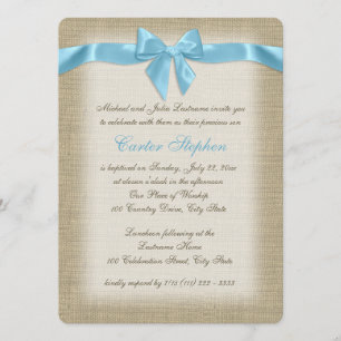 Country Burlap Baby Blue Christening Invitation
