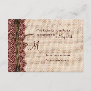 Country Burlap Maroon Red Lace Twine Wedding RSVP Card