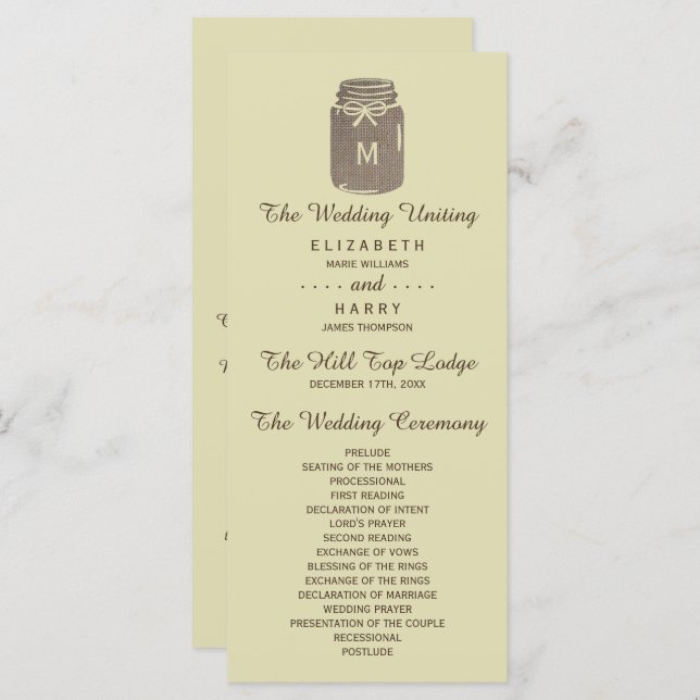 Country Burlap Mason Jar Wedding Programme (Front/Back)