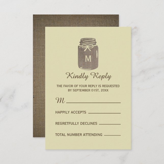 Country Burlap Mason Jar Wedding RSVP Card (Front/Back)