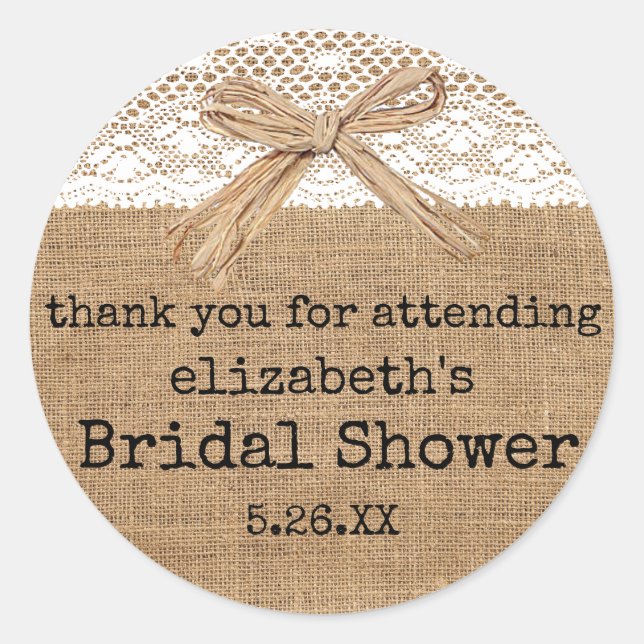 Country Burlap with Lace Bridal Shower Guest Favou Classic Round Sticker (Front)