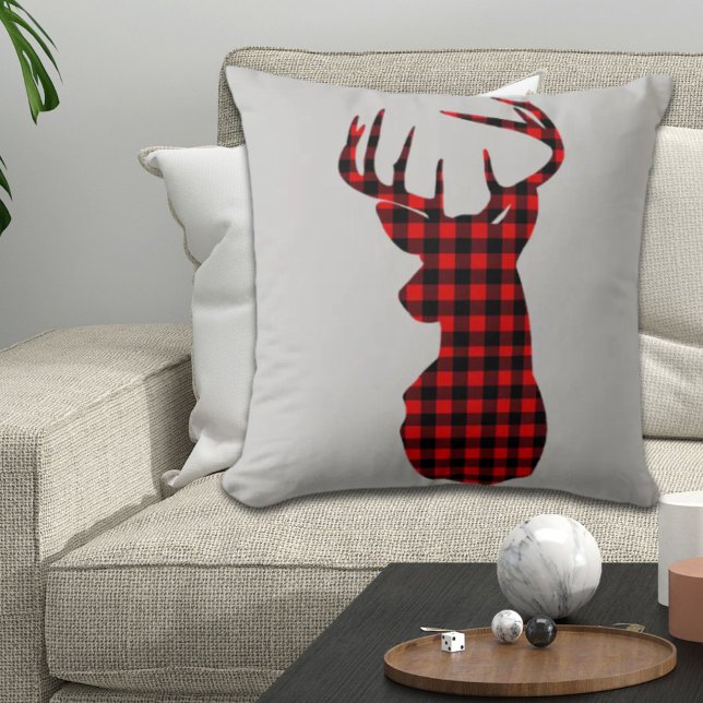 country cabin red buffalo plaid christmas deer cushion (country cabin red buffalo plaid christmas deer throw pillow)