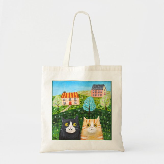 Country Cats Orange Tabby Tuxedo Naive Folk Art Tote Bag (Front)