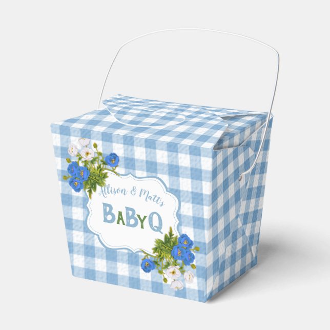 Country Check Blue Gingham Flowers BabyQ BBQ Favour Box (Front Side)