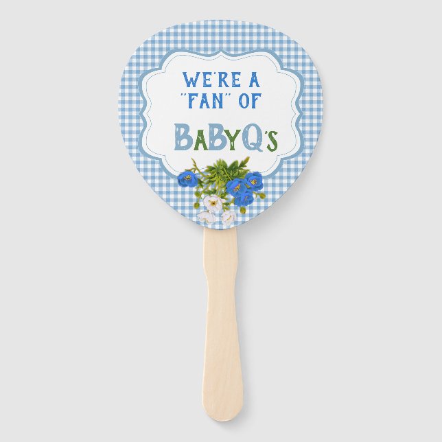 Country Check Blue Gingham Flowers BabyQ BBQ Hand Fan (Front)