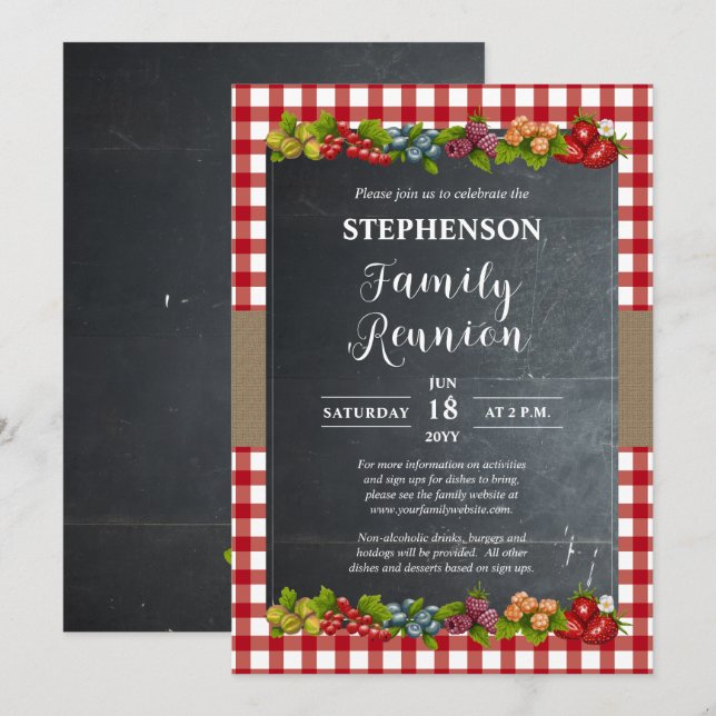 Country Checks Fruit and Chalkboard Family Reunion Invitation (Front/Back)