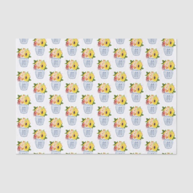 Country Chic Autumn Flowers In Blue & White Vase Tissue Paper (Front)