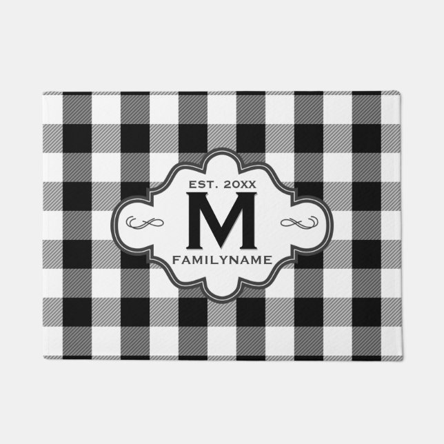 Country Chic B&W Buffalo Plaid Custom Family Logo Doormat (Front)