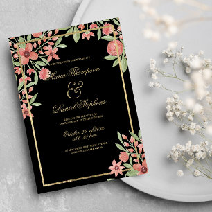 Country Chic Black Gold Pink Green Floral Wedding Invitation