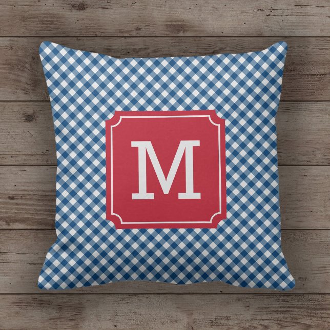 Country Chic Blue Gingham Name Monogram Cushion (Creator Uploaded)