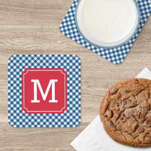 Country Chic Blue Gingham Personalise Monogram Coaster