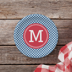 Country Chic Blue Gingham Personalise Monogram Paper Plate