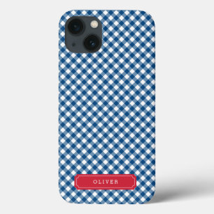 Country Chic Blue Gingham Personalise with Name iPhone 13 Case
