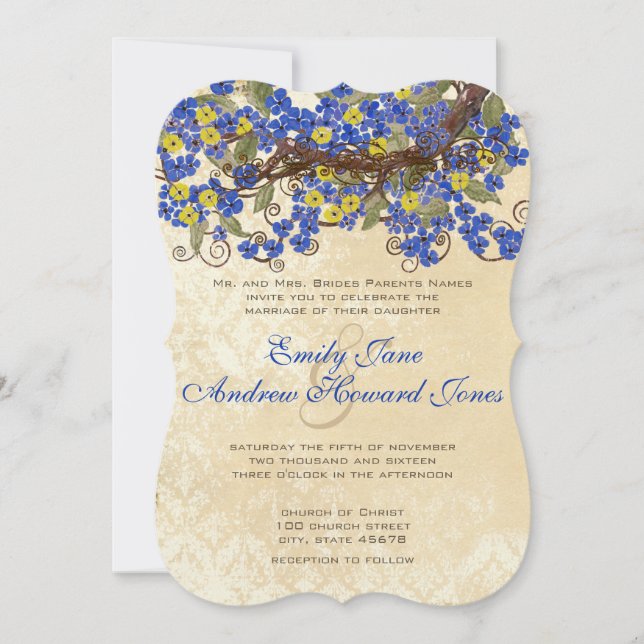 Country Chic Blue Yellow Cherry Blossom Invite (Front)