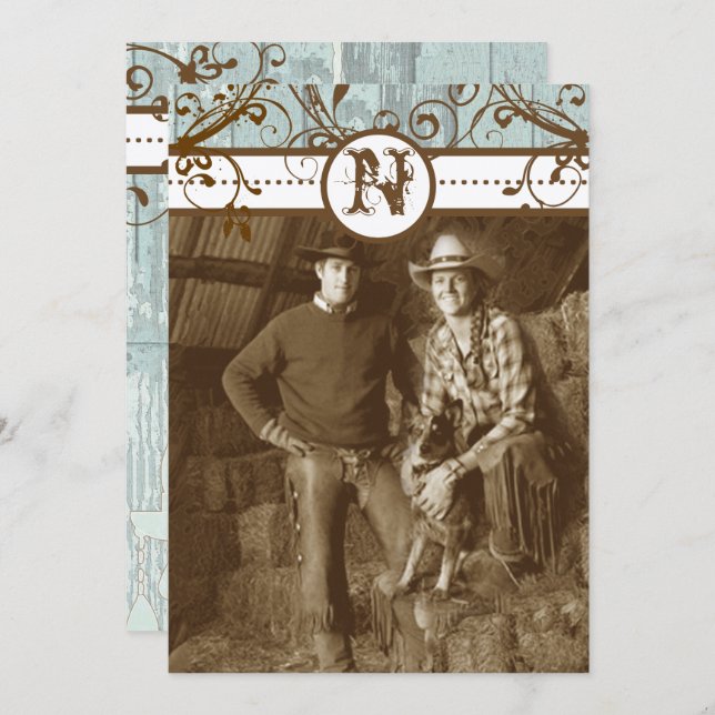 Country Chic Chocolate Mint Rustic Barn Wood Invitation (Front/Back)