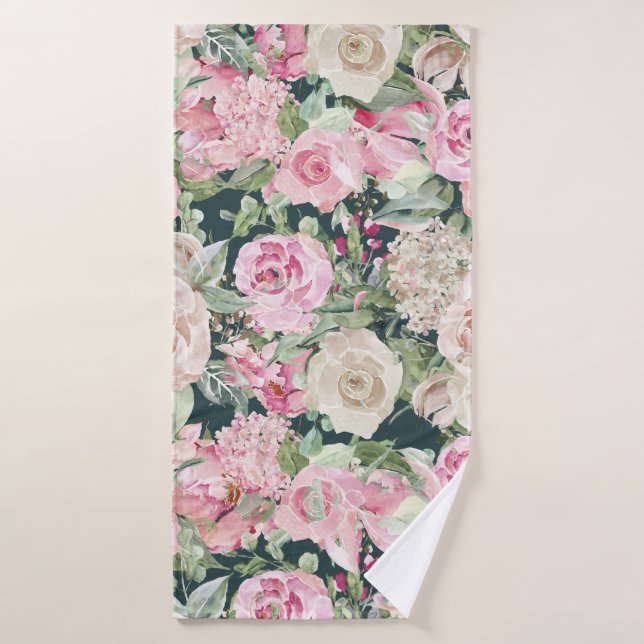 Country chic elegant gable green pink ivory floral bath towel (Bath Towel)