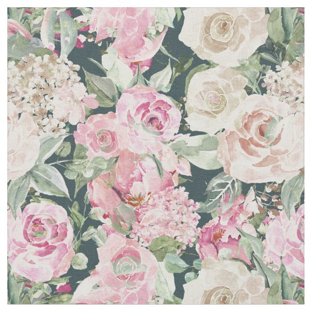 Country chic elegant gable green pink ivory floral fabric (Close Up)