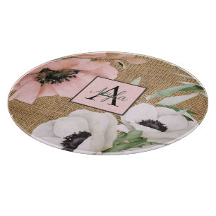 Country Chic Floral Burlap Monogram  Cutting Board