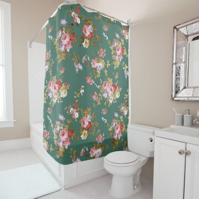 Country chic forest green pink gold elegant floral shower curtain (In Situ)