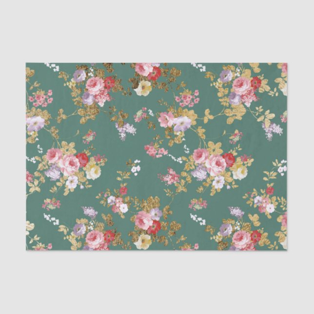 Country chic forest green pink gold elegant floral tissue paper (Front)