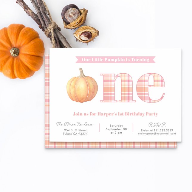 Country Chic Madras Plaid Girl 1st Birthday Party Invitation (Preppy pink peach and pumpkin orange madras plaid 1st birthday party invitation for little girl)