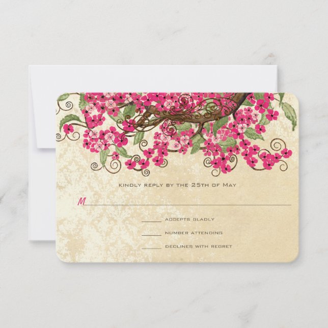 Country Chic Pink Cherry Blossom Wedding RSVP Card (Front)