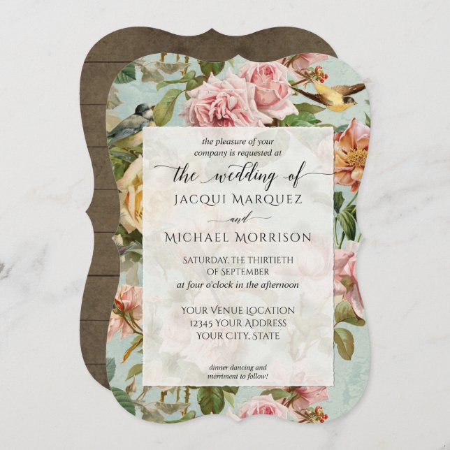 Country Chic Pink Rose Flower Rustic Wood Wedding Invitation (Front/Back)