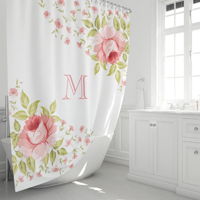 Country Chic Pink Roses Corner Motif Monogram Shower Curtain (Creator Uploaded)