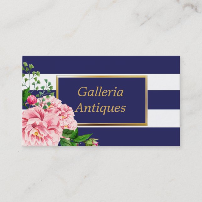 Country Chic Pink Roses Floral Navy Stripes Business Card (Front)