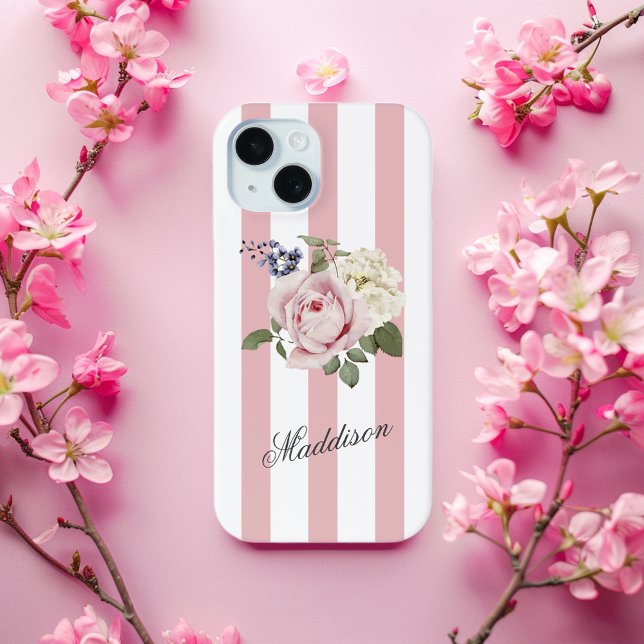 Country Chic Pink Striped Rose Bouquet Monogrammed Case-Mate iPhone Case (Creator Uploaded)