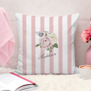 Country Chic Pink Striped Rose Bouquet Monogrammed Cushion