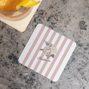 Country Chic Pink Striped Rose Bouquet Monogrammed Square Paper Coaster