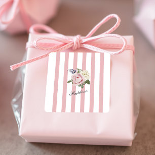 Country Chic Pink Striped Rose Bouquet Monogrammed Square Sticker