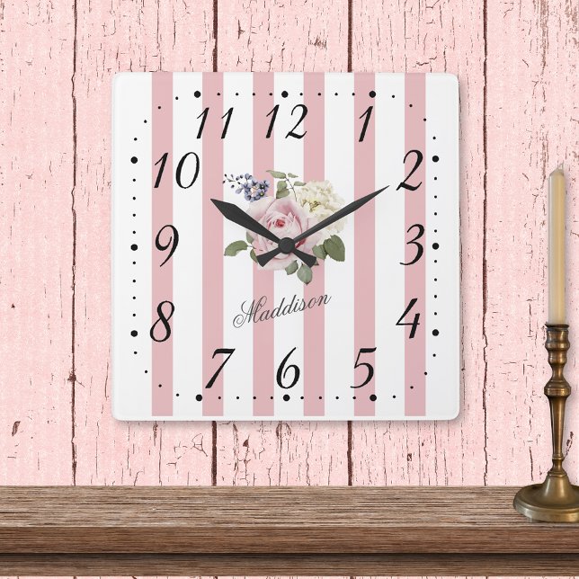 Country Chic Pink Striped Rose Bouquet Monogrammed Square Wall Clock (Creator Uploaded)