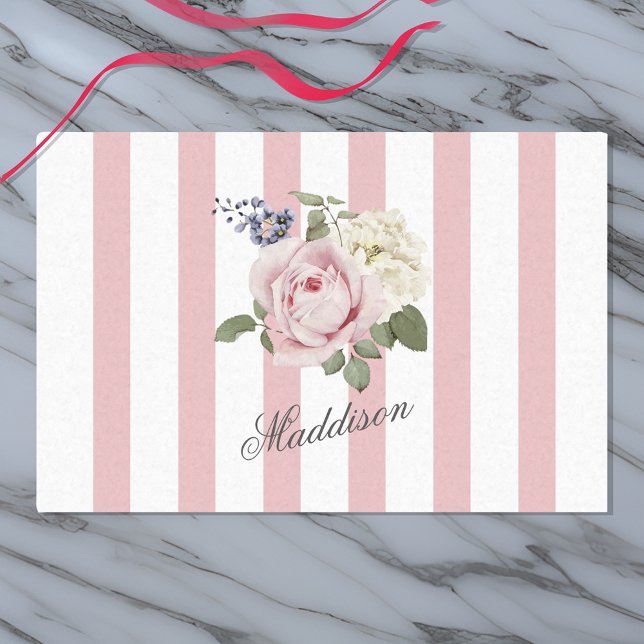 Country Chic Pink Striped Rose Bouquet Monogrammed Tissue Paper (Creator Uploaded)