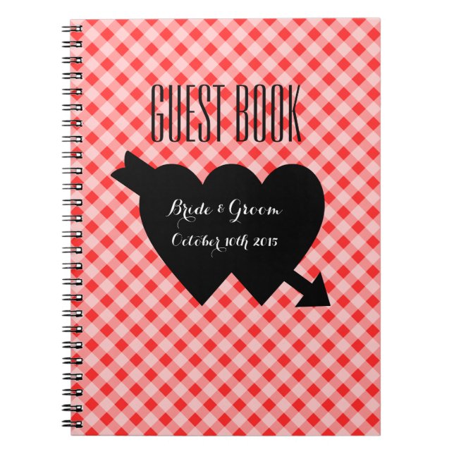 Country chic red gingham pattern wedding guestbook spiral notebook (Front)