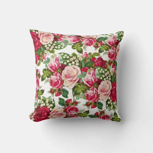 Country chic red pastel pink forest green floral cushion (Front)