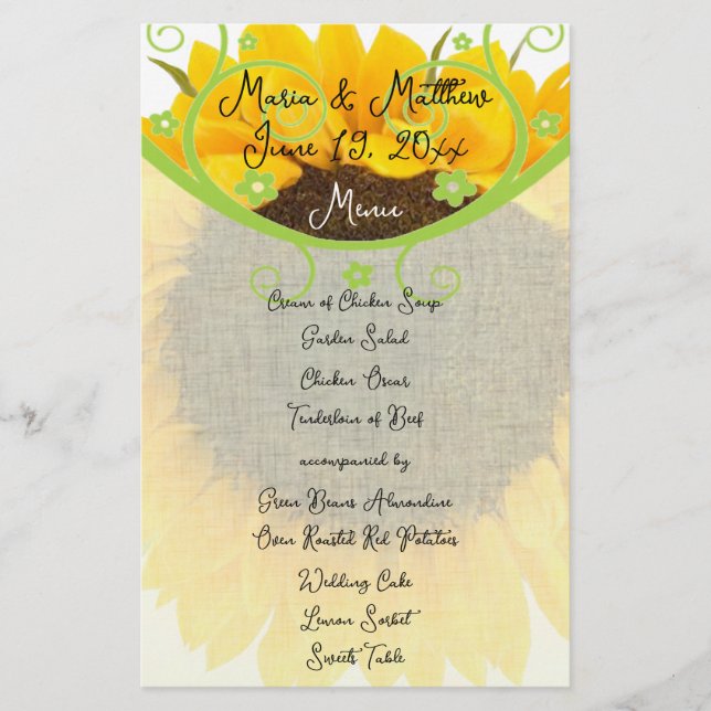 Country Chic Sunflower Wedding Reception Menu (Front)