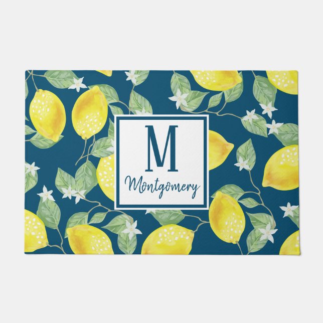 Country Chic Watercolor Lemons  & Blue Family Name Doormat (Front)