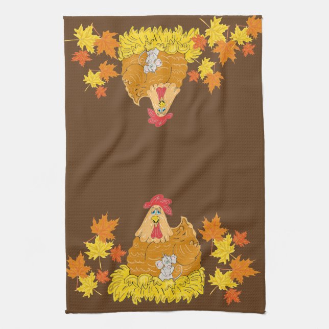 Country Chicken, Mouse, Fall Leaves Kitchen Towel (Vertical)