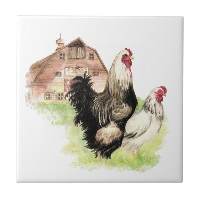 Country Chicken & Rooster Barn, Farm Scene Tile (Front)