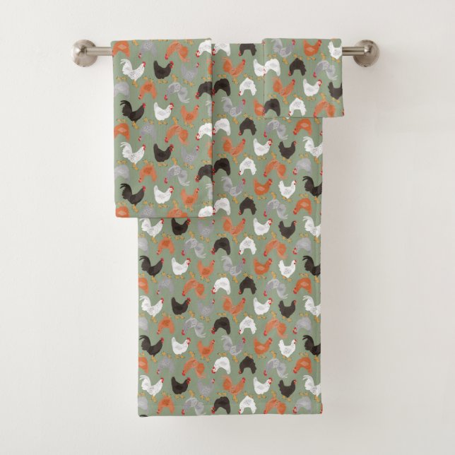 Country Chickens and Roosters on Green Bath Towel Set (Insitu)