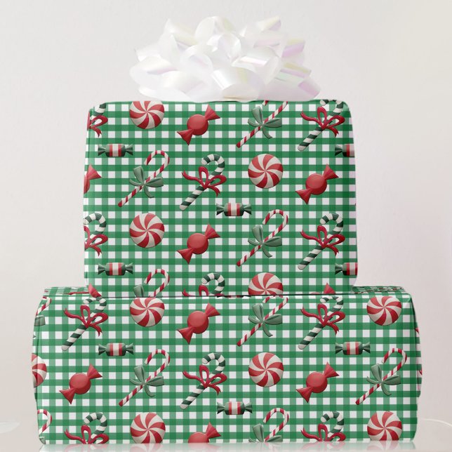 Country Christmas Candy Green Gingham Gift Wrapping Paper (Creator Uploaded)