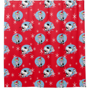 Country Christmas Cows With Santa Hat Shower Curtain