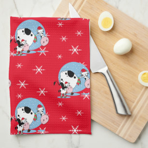 Country Christmas Cows With Santa Hats Tea Towel