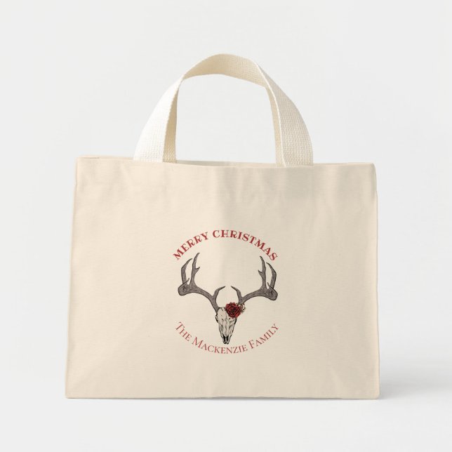 Country Christmas Deer Head Reindeer Skull Antlers Mini Tote Bag (Front)