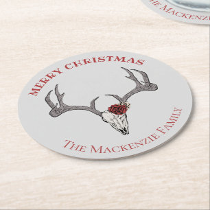 Country Christmas Deer Reindeer Skull Antlers Round Paper Coaster