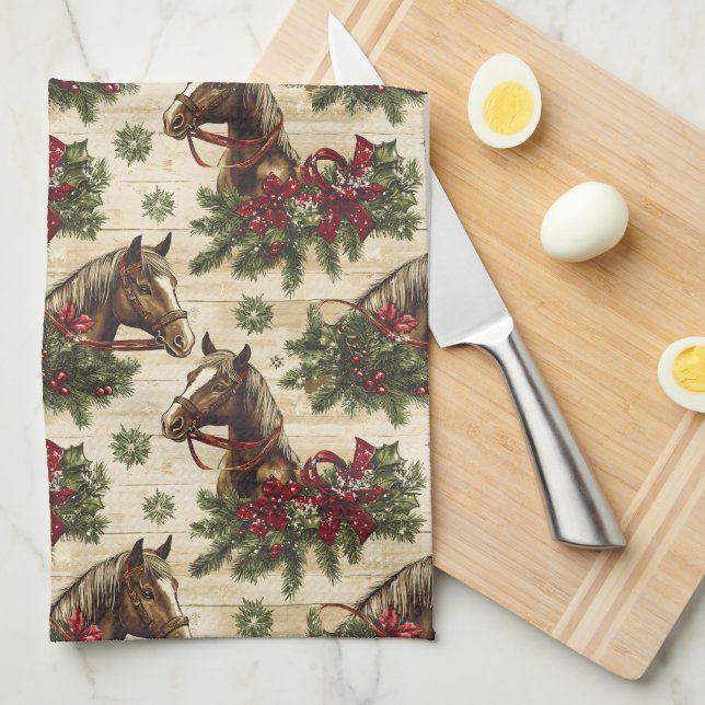 Country Christmas Horses Tea Towel (Quarter Fold)